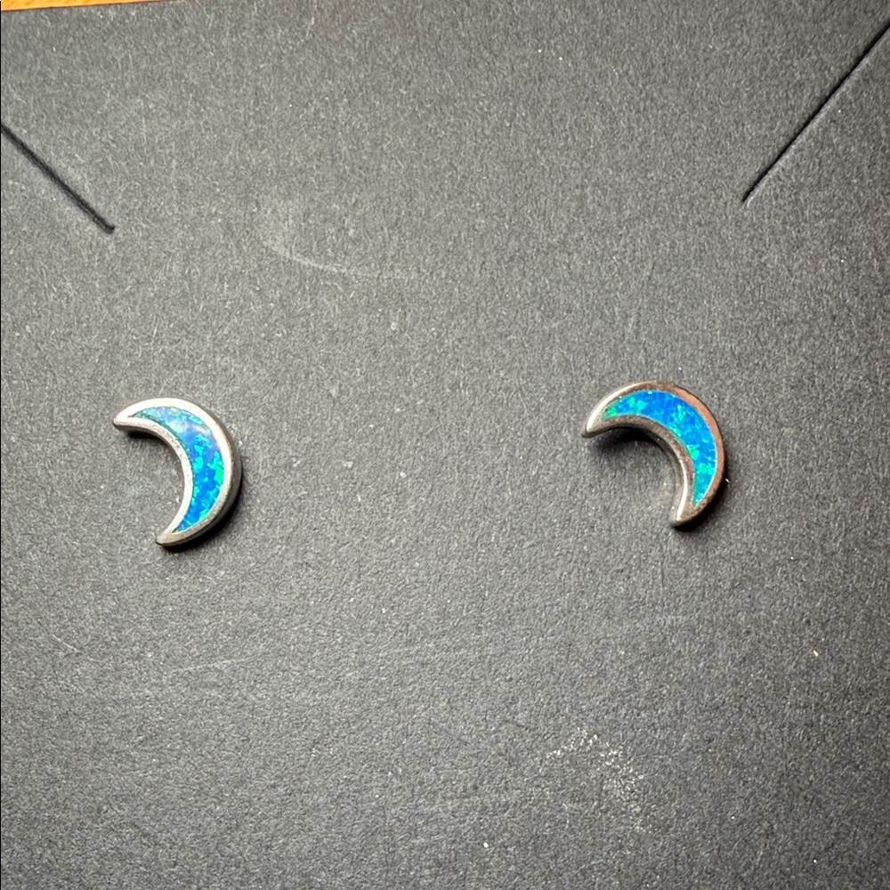 925 Silver Crescent Moon Earrings with Blue Opal Accents